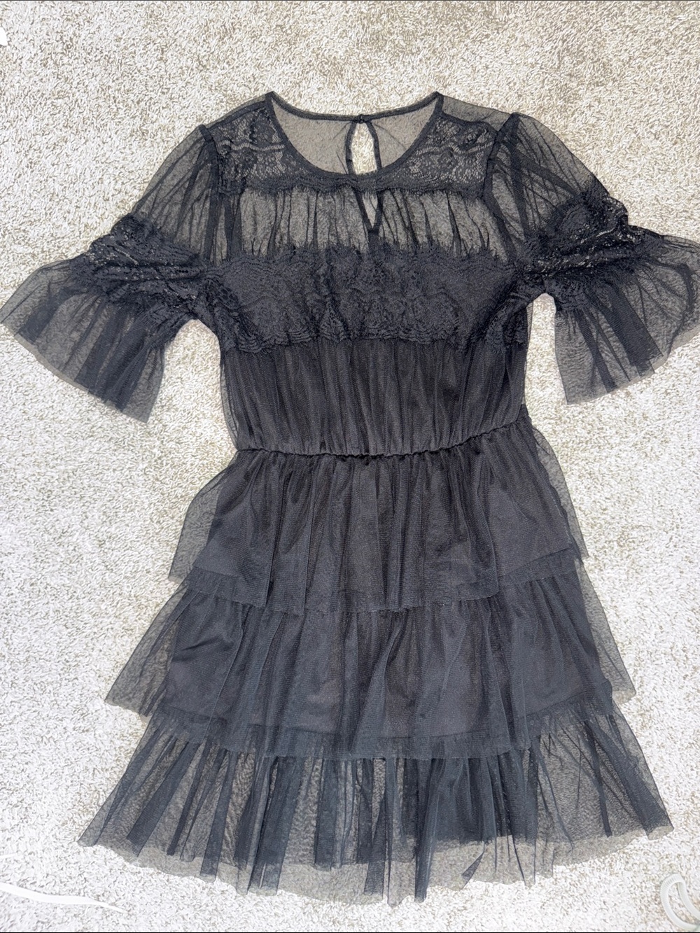 Black Lace Tiered Mesh Ruffle Dress - Womens